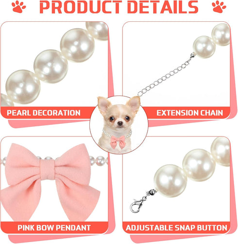LEIFIDE Dog Pearls Collar Necklace with Pink Bow Pendant, Adjustable Jewelry for Wedding Birthday Pet Grooming (8 Inch)