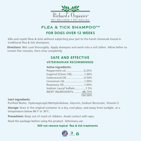 100% (12oz bottle),FG00440 Richards Organics Flea and Tick Shampoo for Dogs All-Natural Actives Kills Fleas, Ticks