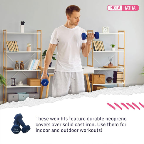 HolaHatha Neoprene Dumbbell Set - 2, 3, 5, 8, and 10 Pound Free Hand Weights with Rack for Home Exercises, Pastel
