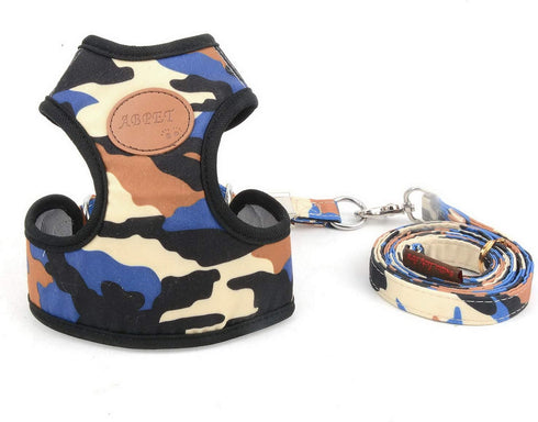 SMALLLEE_LUCKY_STORE Small Dog Cat Mesh Harness & Lead, No Escape Adjustable Padded Military Camo Blue, M