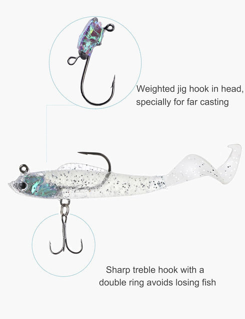 Lures for Bass, Jig Head Soft Swimbait, 6-Pack, 6 Colors Plastic Bait for Fishing