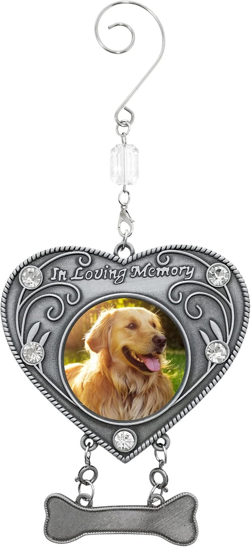Dog Sympathy Photo Christmas Ornament, Heart Shaped, Holds 1 3/4" Photo, Gift-Storage Bag Included