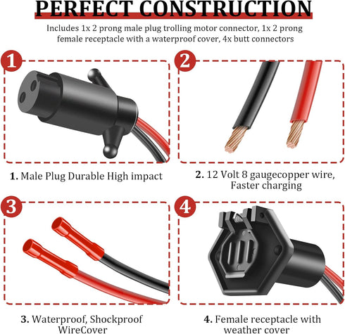 Trolling Motor Plug and Receptacle, 12v Compatible with Minn Kota Marine Boat, Waterproof Quick Connect