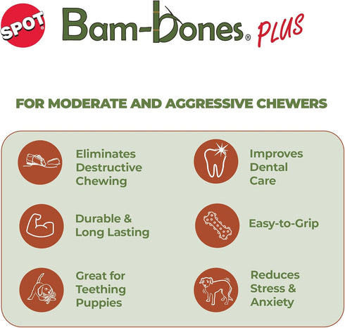 SPOT Bam-bones PLUS Double Wishbone - Bamboo Fiber & Nylon, Durable Chew for Aggressive Chewers, 7in, Peanut Butter