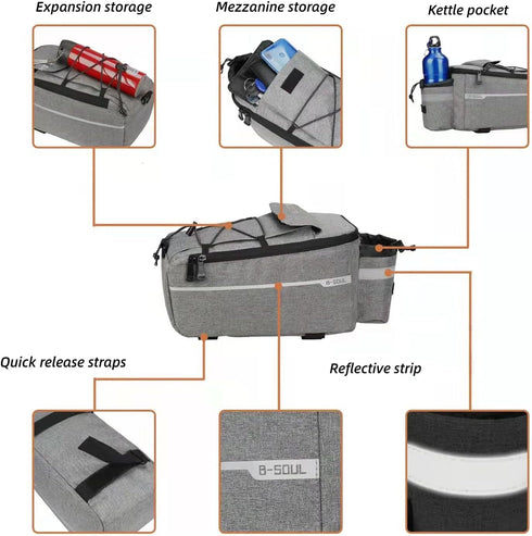 ZTZ Bike Rack Bag, Insulated Bicycle Rear Seat Cargo Bag, 8L Waterproof Storage Luggage Bag with Reflective Stripes