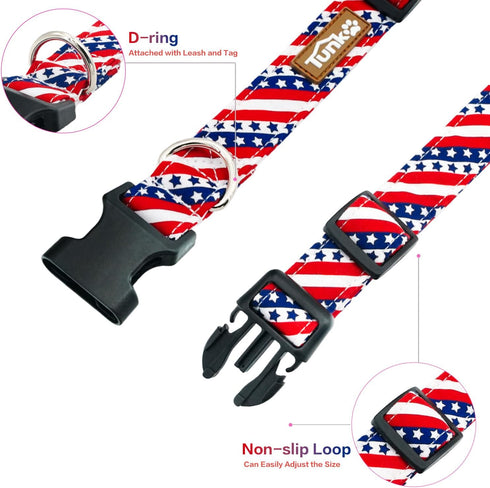 Adjustable American Flag Dog Collar for Small Medium Large Pets, 4th of July Patriotic Design, Strong Plastic Buckle