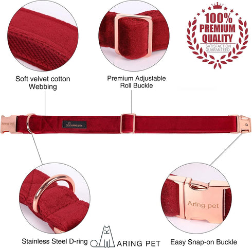 ARING PET Velvet Dog Collar Set, Cute Adjustable Christmas Red Collar and Leash with Metal Buckle for Small, Medium,