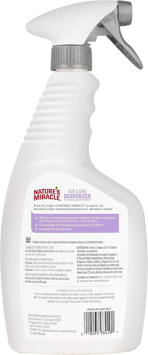 Nature’s Miracle Air Care Deodorizer Spray, Lavender & Vanilla Scent, 24 Ounces, Pet Odor Eliminator for Air, Fabric,