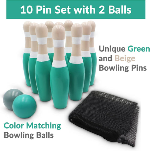 Sterling Sports Wooden Lawn Bowling Set with 9" Skittles, 10 Wooden Pins and 2 Balls, Carrying Mesh Bag,