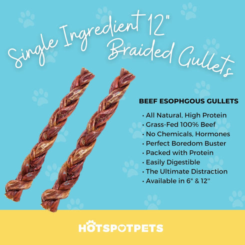 Beef Jerky Dog Treats - 6 Inch Thick Esophagus Braided Sticks, 12 Inch - 5 Pack, All Natural Bulk Chews