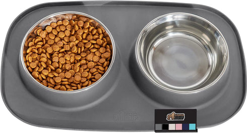 Gorilla Grip Waterproof Cat and Dog Bowls Set, Silicone Feeding Mat, Stainless Steel Bowl, 2 Cup, Gray