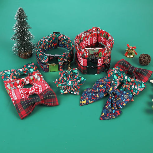 DOGWONG Christmas Red Plaid Dog Collar with Bowtie, Cute Durable Soft Cotton Collar for Small Medium Large Dogs