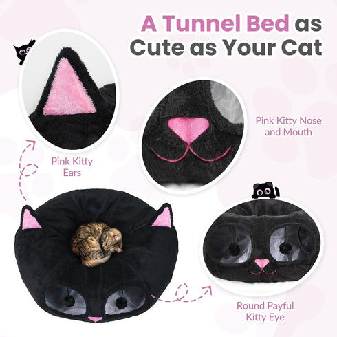 Baseola Cat Tunnel Bed for Indoor Cats, Peekaboo Cat Cave with Washable Soft Play Mat, Furry Cat Tube