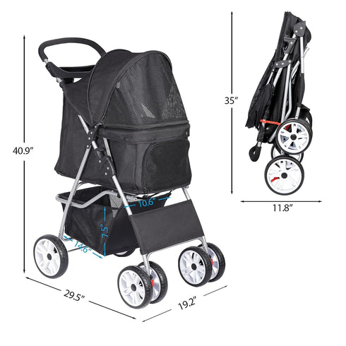 4 ZENY Foldable Pet Stroller, Cat/Dog Stroller with Wheel, Pet Travel Carrier Strolling Cart with Storage Basket, Cup