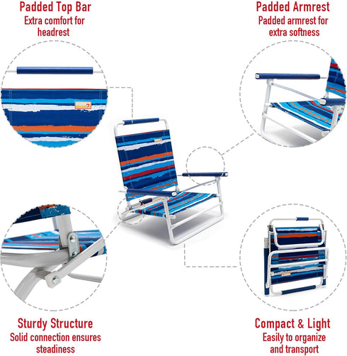 300lbs SunnyFeel Low Folding Beach Chair for Adults, Lightweight Beach Chair, Portable Camping Sand Chairs with Hard
