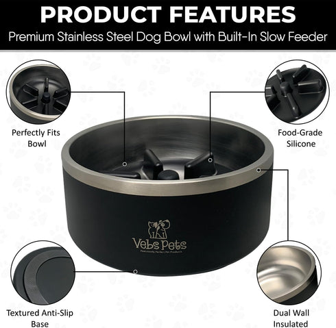 64 oz Insulated Stainless Steel Dog Bowl - Non-Slip, Spill-Proof, BPA-Free with Slow Feeder Insert for Large Dogs -