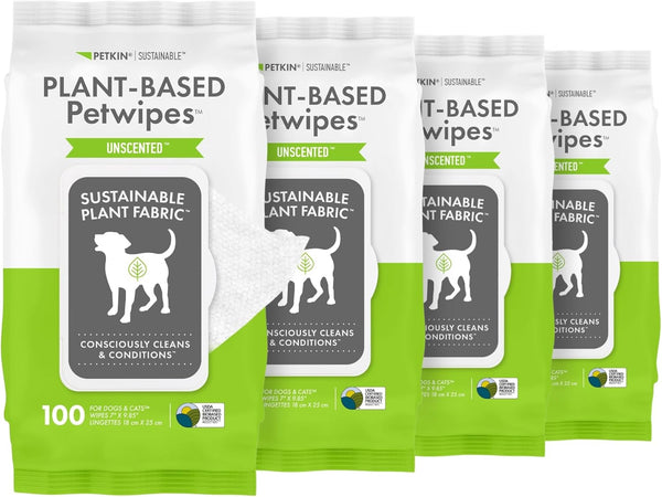 Petkin Plant-Based PetWipes - 100 Wipes, 4 Pack, Biobased, Thick Wipes for Dogs & Cats, Cleans & Conditions
