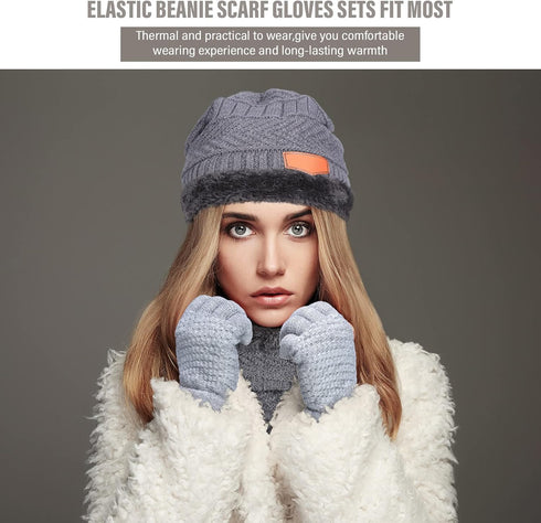 Winter Beanie Hat, Neck Warmer, Touchscreen Gloves Set, Fleece Knitted Caps, Circle Loop Scarf for Men Women