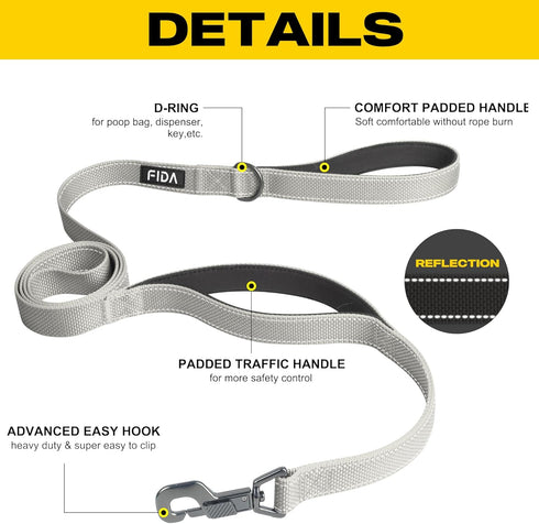 Fida 6 FT Heavy Duty Dog Leash, Grey with 2 Padded Handles, Traffic Handle & Easy Snap Hook for All Breeds