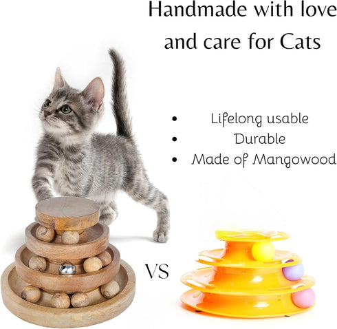 3 8 8 4 Inches Interactive Cat Toy Tower with Balls & Bell Tier Track Ball Toy for Indoor Cats & Kittens Wooden Cat