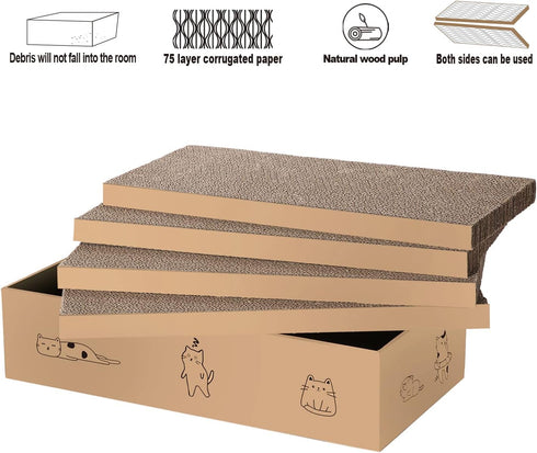 4 Packs in 1 Cat Scratch Pad with Box, Reversible Durable Cardboard Scratcher for Cats to Rest and Play
