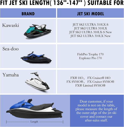 Heavy Duty 420D Waterproof Jet Ski Cover, 136'' to 147'', Adjustable Windproof Strap & Anti-UV for