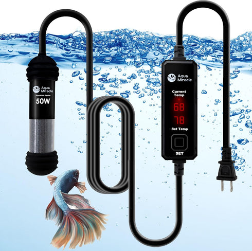 AquaMiracle 50W Small Aquarium Heater, Super Mini Fish Tank Heater for 5-10 Gal Tanks with Dual LED Display