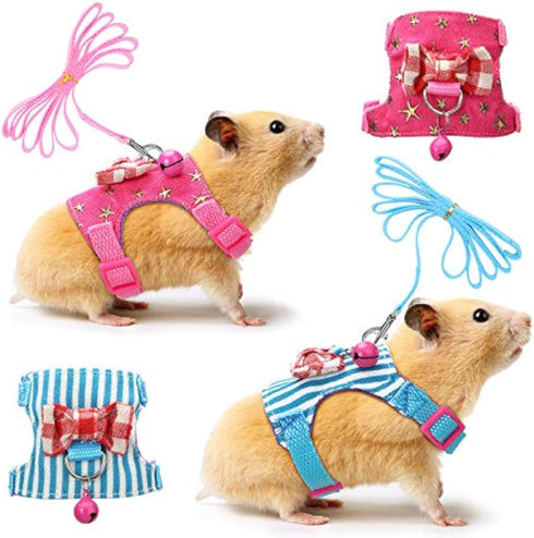 SATINIOR 2 Pieces Small Hamster Harness and Leash Set, Ferret Guinea Pig Clothes with Bowknot, Padded Vest, S, Blue,