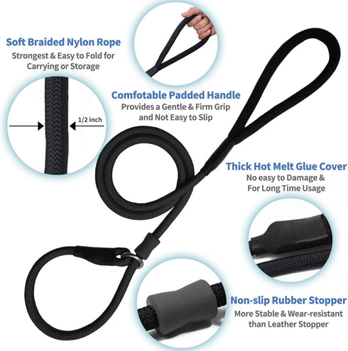 Strong Slip Rope Dog Training Leash (4ft) - 5pc Heavy Duty Durable Braided Nylon Lead with Rubber Stopper & Padded