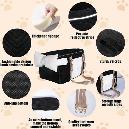 15 lbs,Black Dog Car Seat for Small Dogs, Portable Center Console Dog Car Seat, Pet Booster Seats with Safety Belt