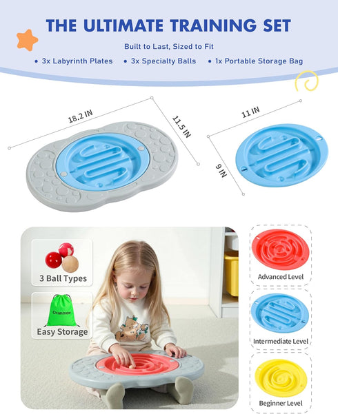 2-in-1 3 3 3-12 Kids Maze Balance Board, Swappable Labyrinths & Challenge Balls, Non-Slip Rubber Base Wobble Board