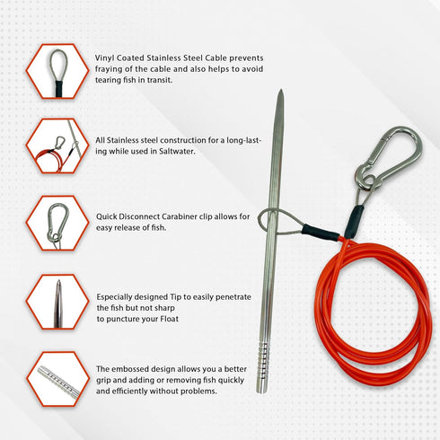 Fish Stringer for Spearfishing - Coated Stainless Steel Cable with Heavy Duty Carabiner