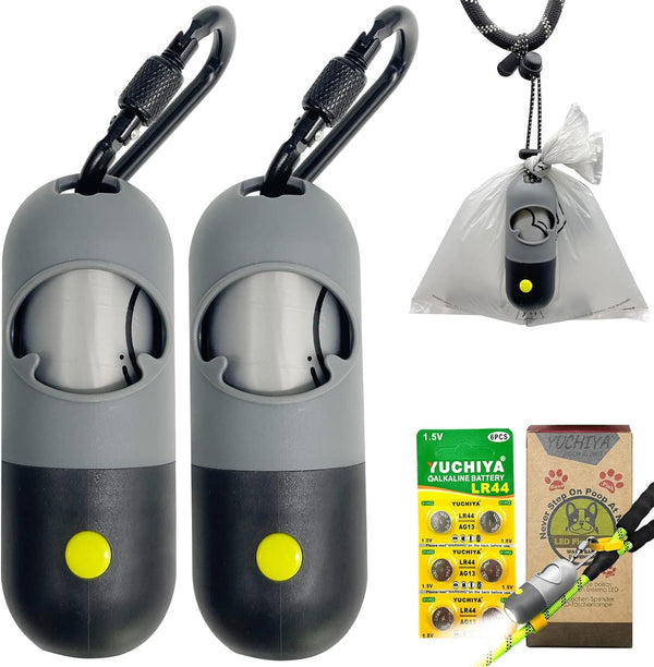 Dog Poop Bags Holder with LED Flashlight | Pet Waste Bags Dispenser for Leash | Grey and Black Container with 30 Bags