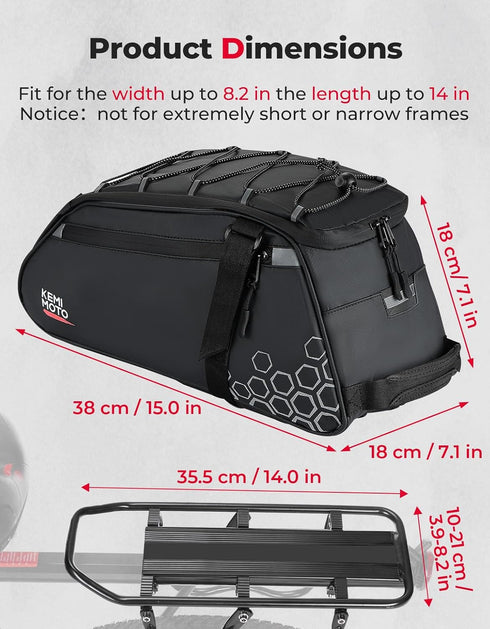 KEMIMOTO Rear Bike Rack Bag - 13L Waterproof 3 IN 1 Trunk Bag for Road Mountain City Bikes