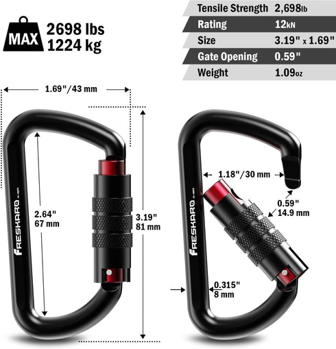 FresKaro 3inch 12kN-2698lbs Auto Locking Carabiner Clips, Heavy Duty 7075 Aluminum, Lightweight for Hammock Hiking