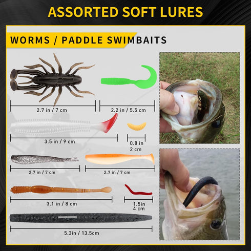 GOTOUR Fishing Lures Accessories Kit with Tackle Box, Fishing Hooks Minnow Crankbait Frog Popper Lure Worm Fishing