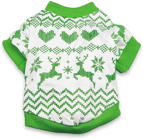 DroolingDog Christmas Reindeer T-Shirt, Green Sweater for Small Dogs, Holiday Clothes