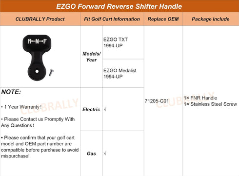 Golf Cart Forward Reverse Shifter Handle, FNR Handle for 1994-UP EZGO Gas & Electric TXT, OEM#71205-G01