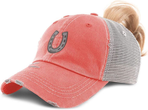 Speedy Pros Womens Western Farm Horse Shoe Distressed Trucker Hats, Ponytail Cap