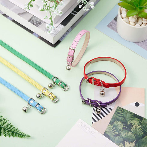 Weewooday 6 Pieces Leather Cat Collar with Bell, Cute Pet Kitten Collar for Boy Girl Cats, Safety Elastic Strap for
