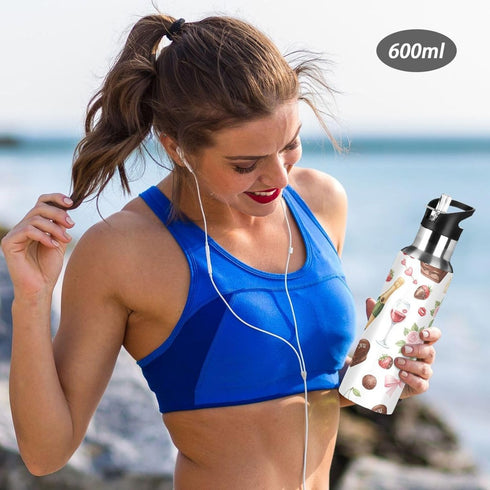 Wassud 32 oz Water Bottle Red Wine and Roses Stainless Steel Sport Water Bottle with Straw Insulated Water Bottles