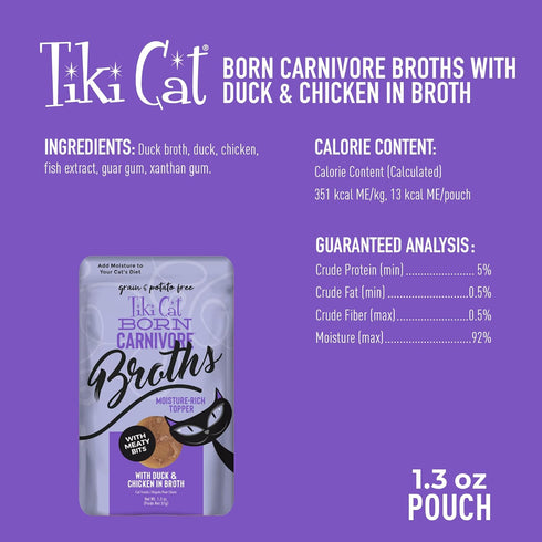 Tiki Cat Born Carnivore Broths, Duck & Chicken Recipe, Cat Food Topper, 1.3 oz. Pouch (Pack of 12)