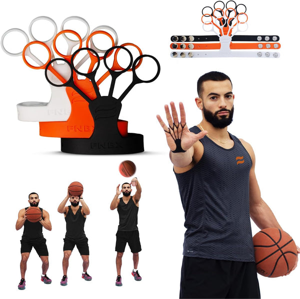 FNBX FlickGlove Basketball Shooting Aid, Training Equipment Set of 3 Silicone Strap Resistances, White, Black, Orange