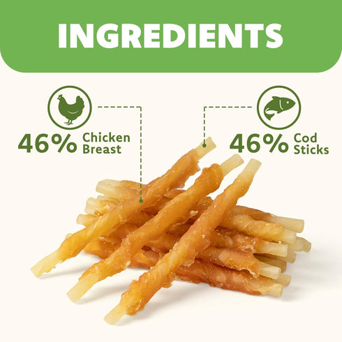 MON2SUN (31.75 -Pack 1) Rawhide Free Dog Treats Chicken Wrapped Cod Sticks for Small Dogs Healthy Training Treats Soft