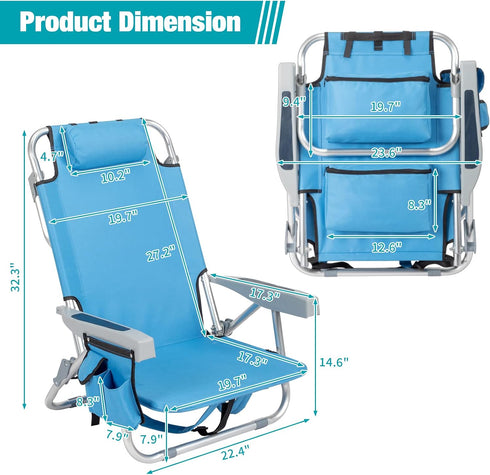 Kcelarec Backpack 5 1-Low Folding Beach Chair with Positions, Carry Handle, Storage Pouch, Cup Holder,Outdoor Reclining