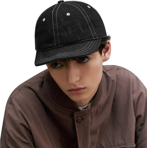 Stylish Short Bill Denim Baseball Cap - Soft Flat Brim Snapback Trucker Hat, Casual Dad Hat