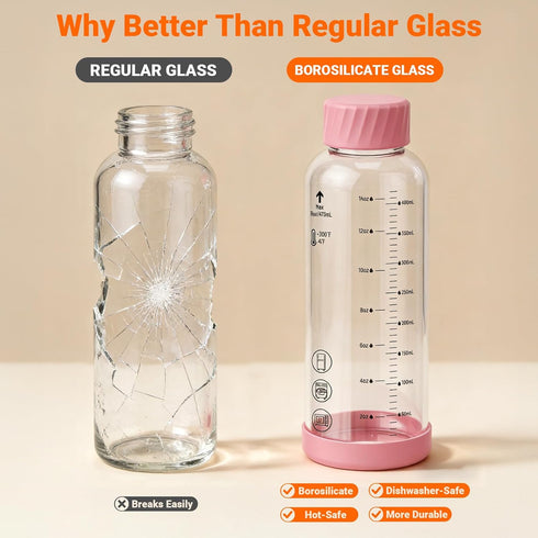 12 oz 4 Pack Glass Juice Bottles Glass Water Bottles with Stainless Steel Lids Leakproof, BPA Free, Heat-Resistant