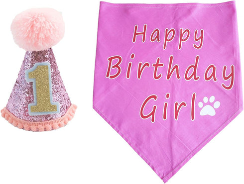 PET SHOW Pink Dogs 1st Birthday Hats and Bandanas Set, 1-Year-Old Photo Props, Party Costume Grooming Accessories