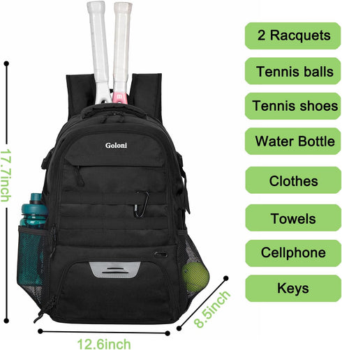 Tennis Bag for Men Women - 2 Racket Backpack for Accessories with Shoe Compartment for Various Sports