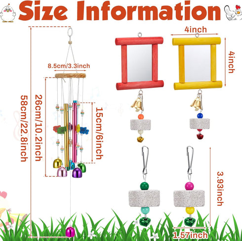 VioraWhite 7 2 4 Pack Pcs Chicken Toys, Hanging Chicken Wind Chime, Pcs Coop Mirror Toys with Bells Beak Grinding